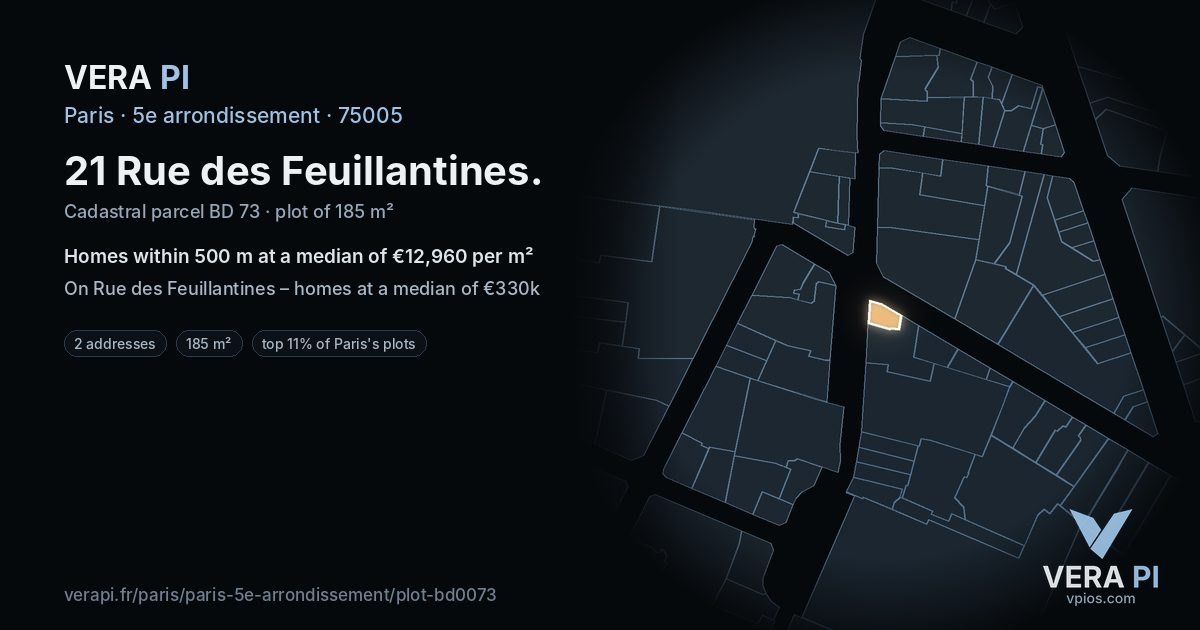 21 Rue des Feuillantines, 5e arrondissement at night – the plot lit, the parcels around coloured by the prices near them