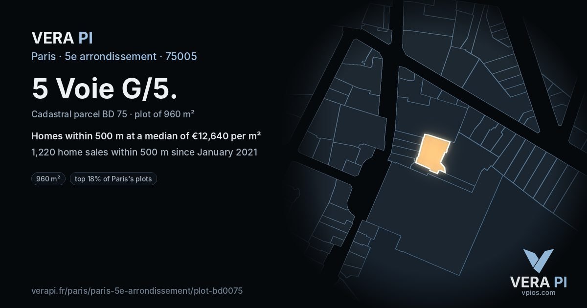 5 Voie G/5, 5e arrondissement at night – the plot lit, the parcels around coloured by the prices near them