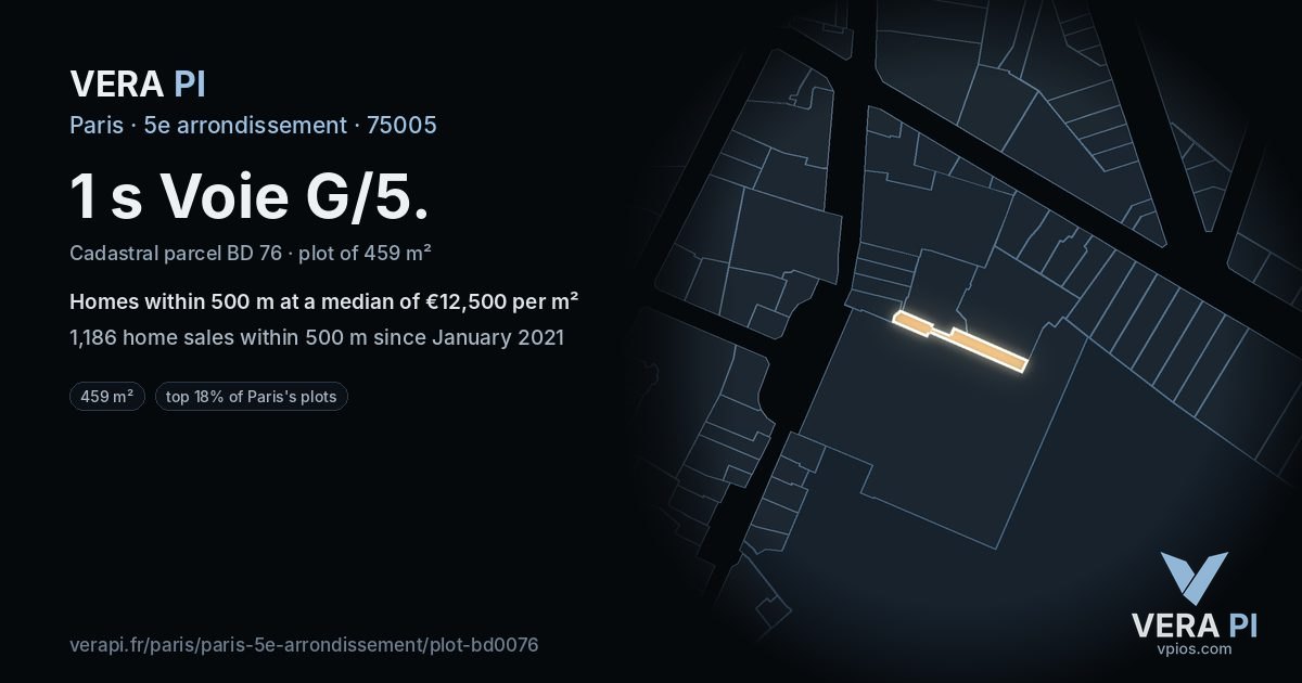 1 s Voie G/5, 5e arrondissement at night – the plot lit, the parcels around coloured by the prices near them
