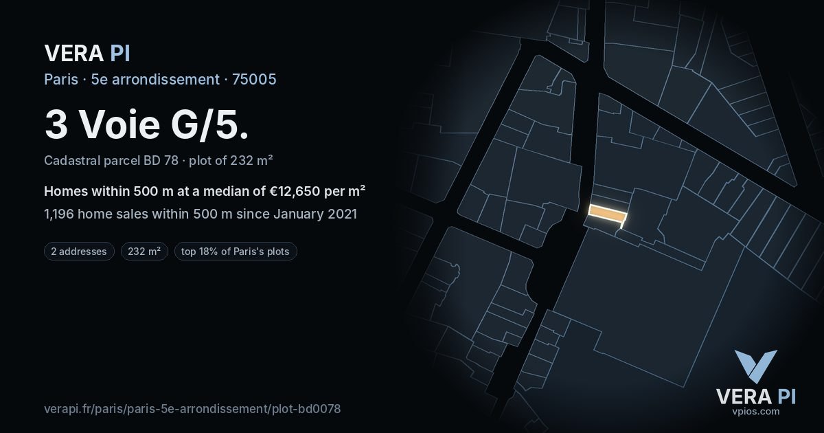 3 Voie G/5, 5e arrondissement at night – the plot lit, the parcels around coloured by the prices near them