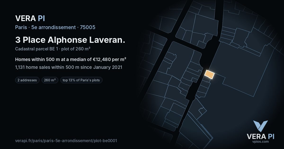 3 Place Alphonse Laveran, 5e arrondissement at night – the plot lit, the parcels around coloured by the prices near them