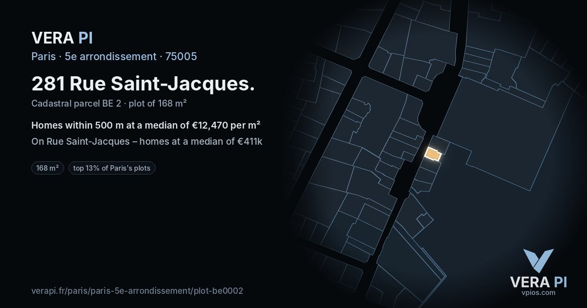 281 Rue Saint-Jacques, 5e arrondissement at night – the plot lit, the parcels around coloured by the prices near them