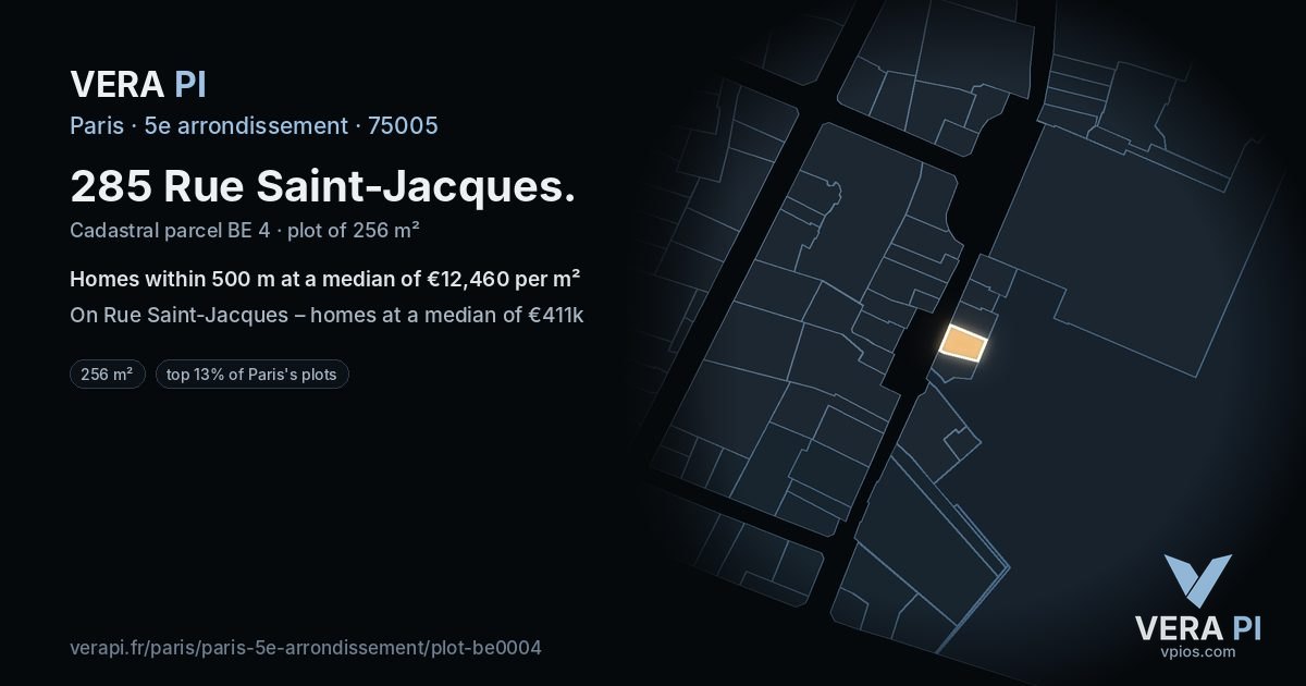 285 Rue Saint-Jacques, 5e arrondissement at night – the plot lit, the parcels around coloured by the prices near them