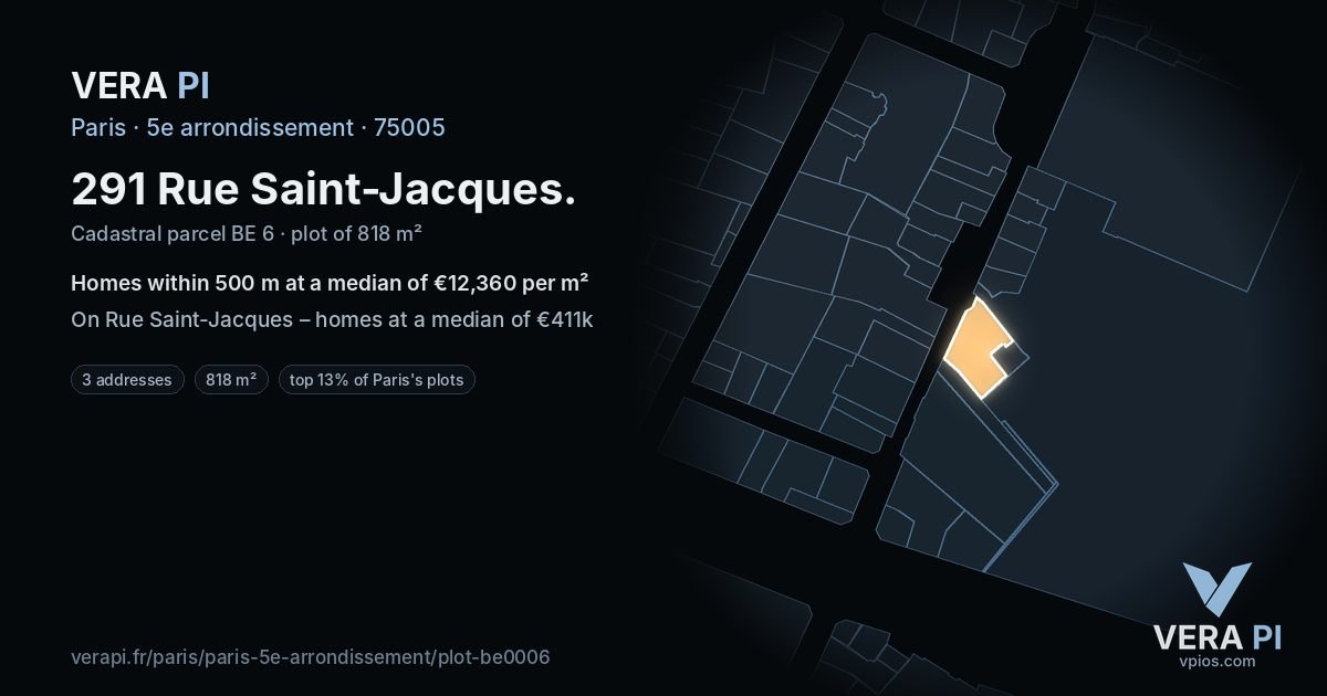 291 Rue Saint-Jacques, 5e arrondissement at night – the plot lit, the parcels around coloured by the prices near them