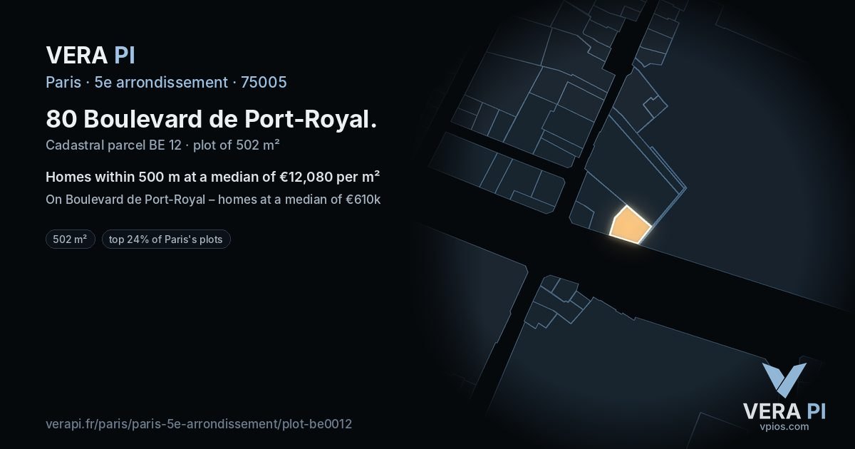 80 Boulevard de Port-Royal, 5e arrondissement at night – the plot lit, the parcels around coloured by the prices near them