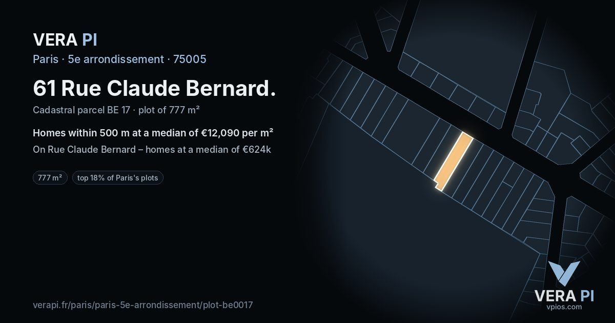 61 Rue Claude Bernard, 5e arrondissement at night – the plot lit, the parcels around coloured by the prices near them
