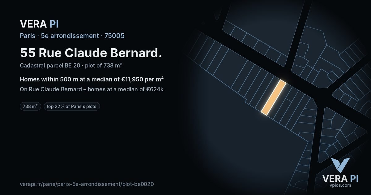 55 Rue Claude Bernard, 5e arrondissement at night – the plot lit, the parcels around coloured by the prices near them