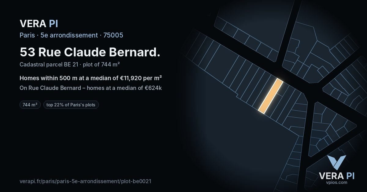 53 Rue Claude Bernard, 5e arrondissement at night – the plot lit, the parcels around coloured by the prices near them