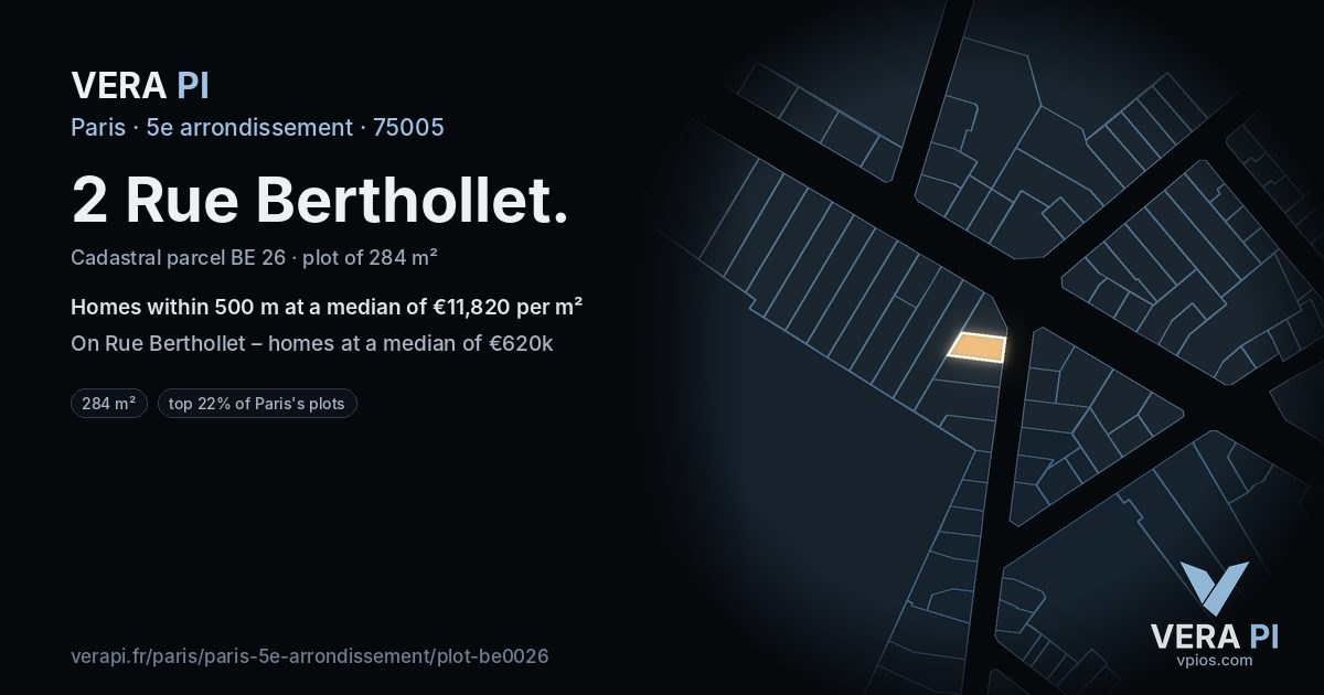 2 Rue Berthollet, 5e arrondissement at night – the plot lit, the parcels around coloured by the prices near them