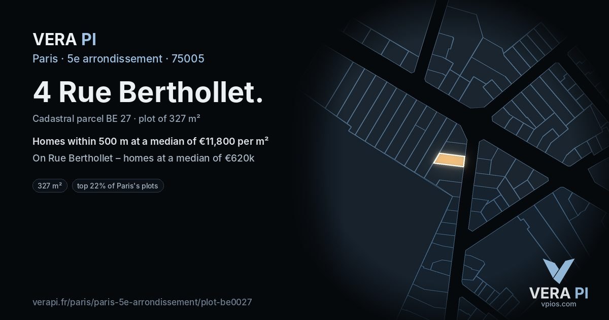 4 Rue Berthollet, 5e arrondissement at night – the plot lit, the parcels around coloured by the prices near them