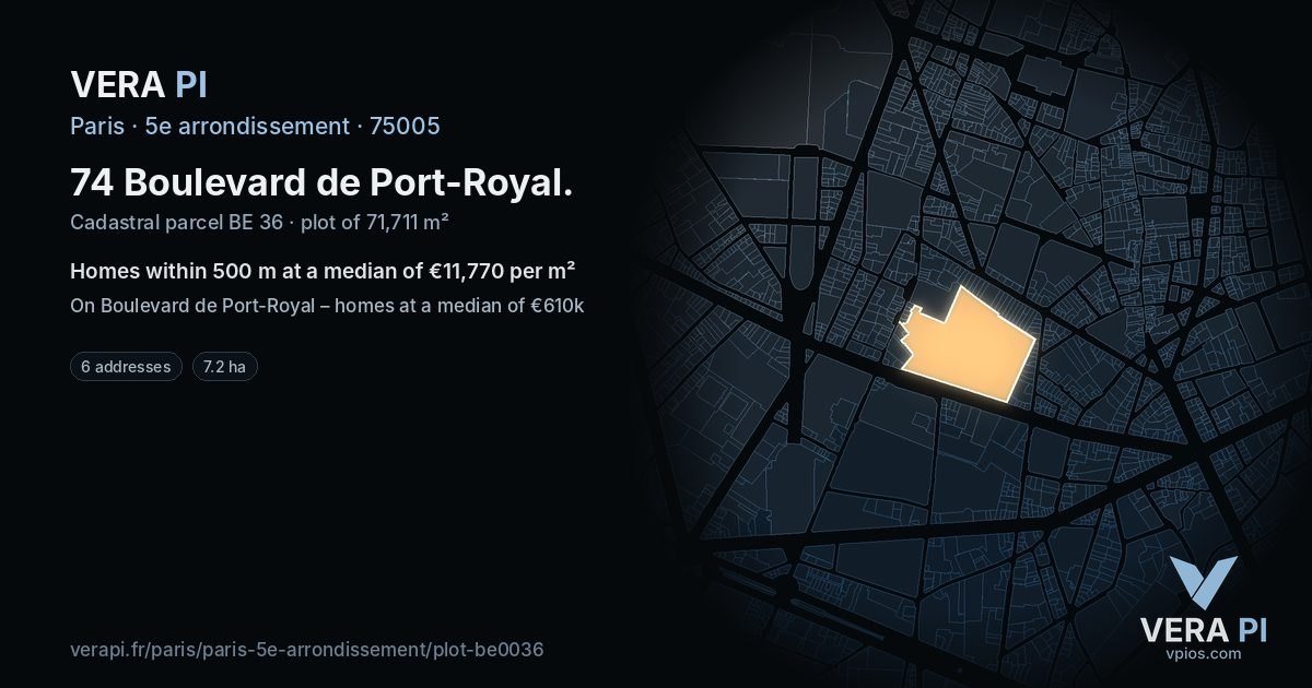 74 Boulevard de Port-Royal, 5e arrondissement at night – the plot lit, the parcels around coloured by the prices near them