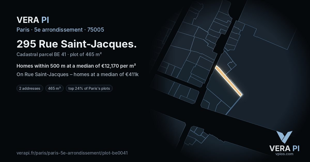 295 Rue Saint-Jacques, 5e arrondissement at night – the plot lit, the parcels around coloured by the prices near them