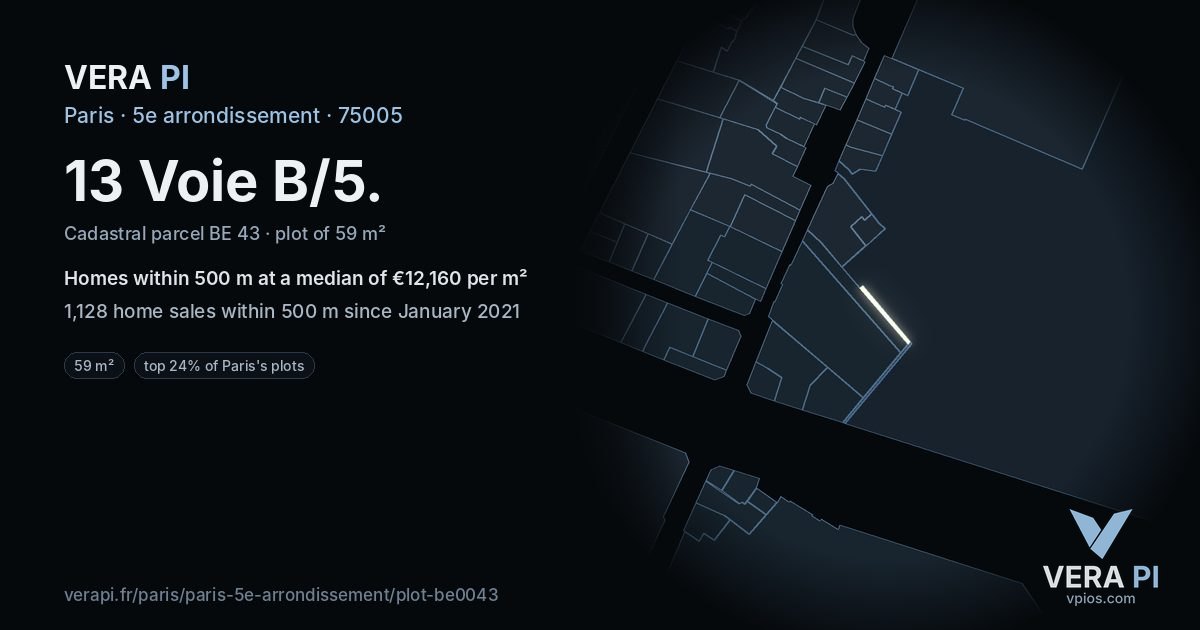 13 Voie B/5, 5e arrondissement at night – the plot lit, the parcels around coloured by the prices near them