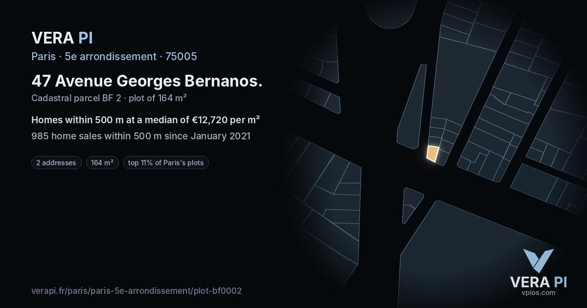 47 Avenue Georges Bernanos, 5e arrondissement at night – the plot lit, the parcels around coloured by the prices near them