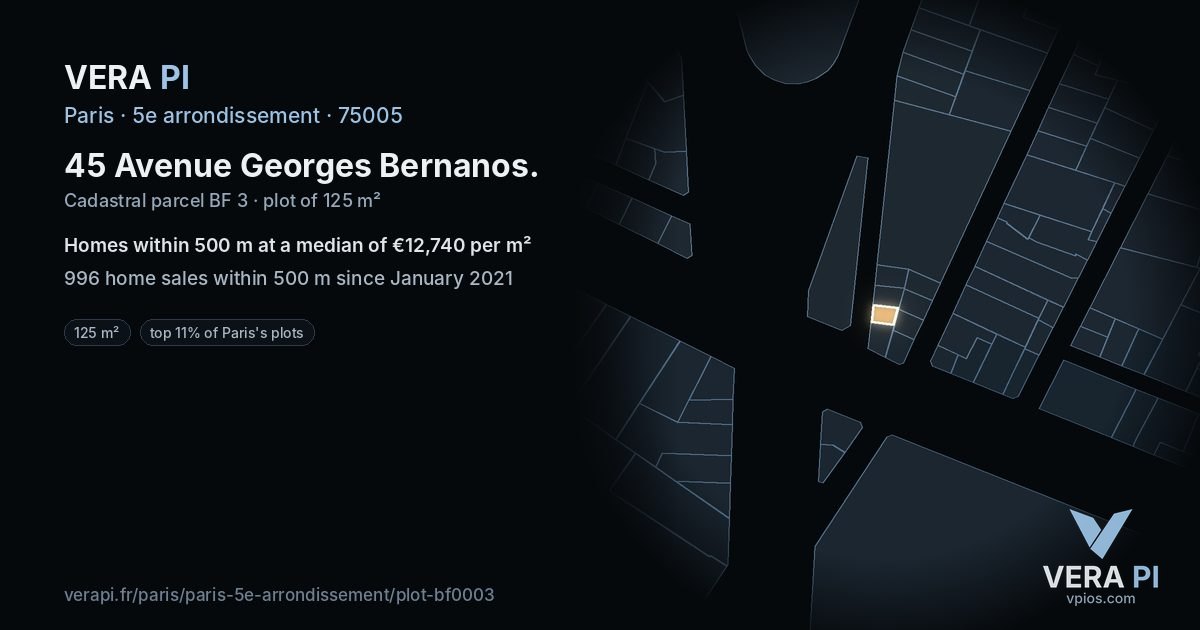 45 Avenue Georges Bernanos, 5e arrondissement at night – the plot lit, the parcels around coloured by the prices near them