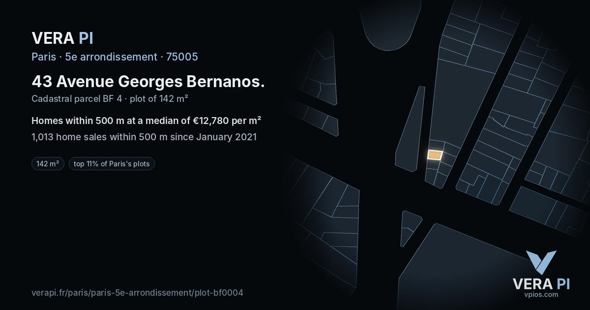 43 Avenue Georges Bernanos, 5e arrondissement at night – the plot lit, the parcels around coloured by the prices near them