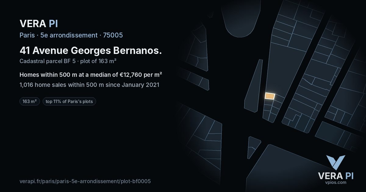 41 Avenue Georges Bernanos, 5e arrondissement at night – the plot lit, the parcels around coloured by the prices near them