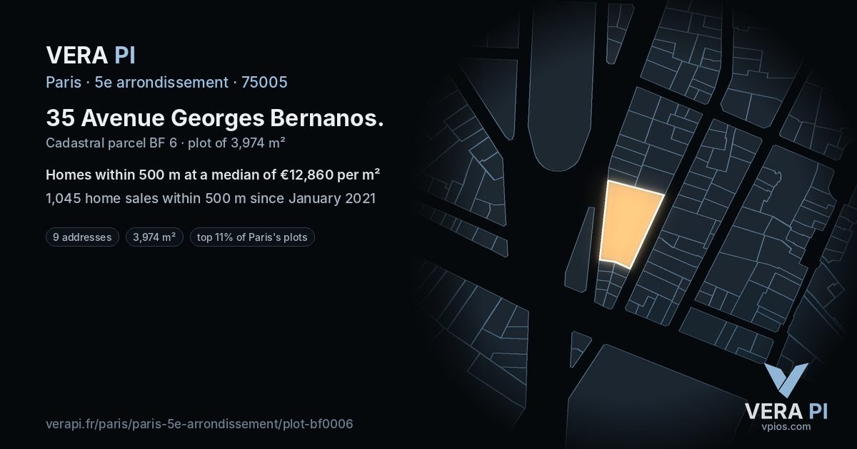 35 Avenue Georges Bernanos, 5e arrondissement at night – the plot lit, the parcels around coloured by the prices near them