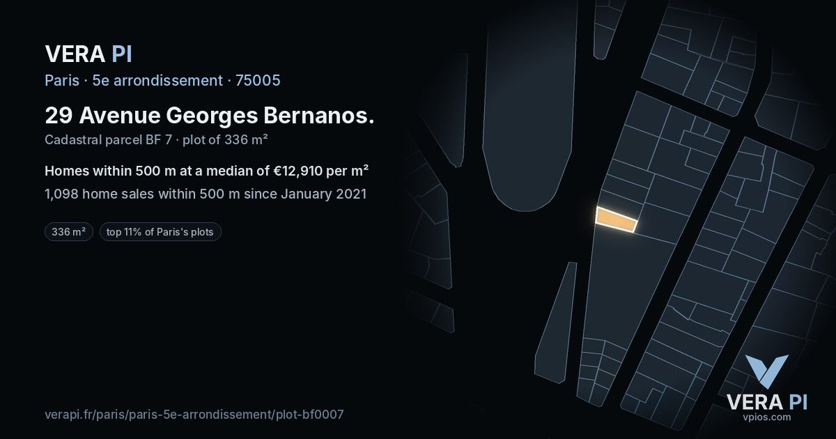 29 Avenue Georges Bernanos, 5e arrondissement at night – the plot lit, the parcels around coloured by the prices near them