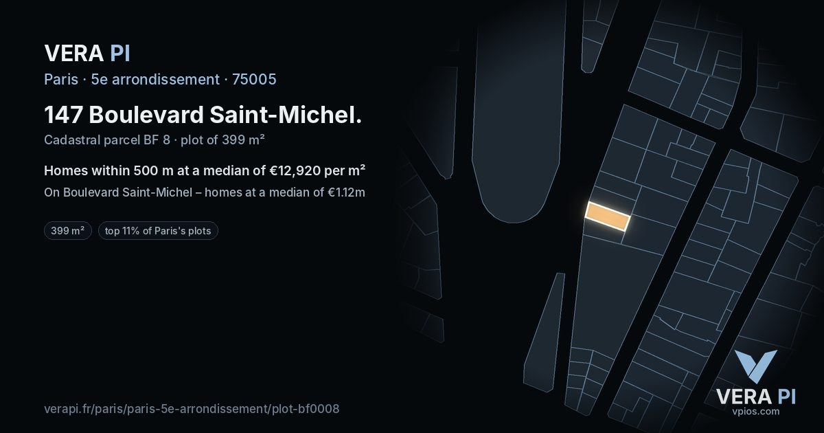147 Boulevard Saint-Michel, 5e arrondissement at night – the plot lit, the parcels around coloured by the prices near them