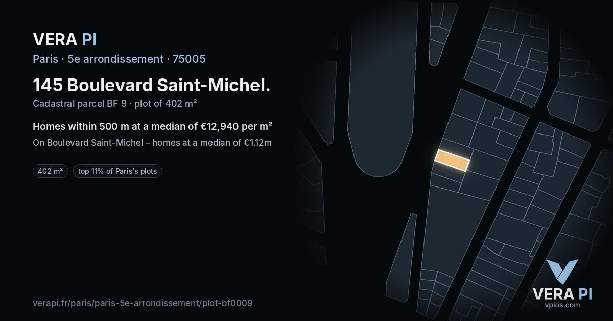 145 Boulevard Saint-Michel, 5e arrondissement at night – the plot lit, the parcels around coloured by the prices near them