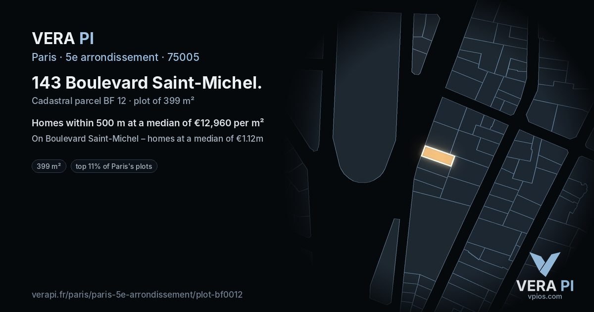 143 Boulevard Saint-Michel, 5e arrondissement at night – the plot lit, the parcels around coloured by the prices near them