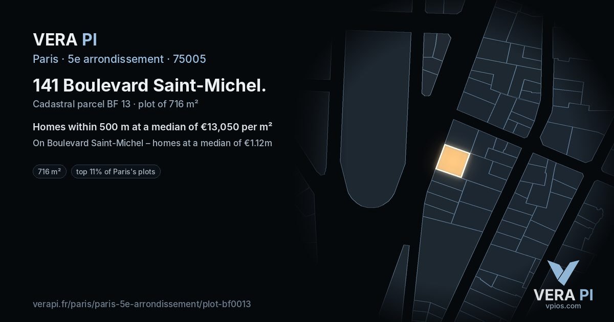 141 Boulevard Saint-Michel, 5e arrondissement at night – the plot lit, the parcels around coloured by the prices near them