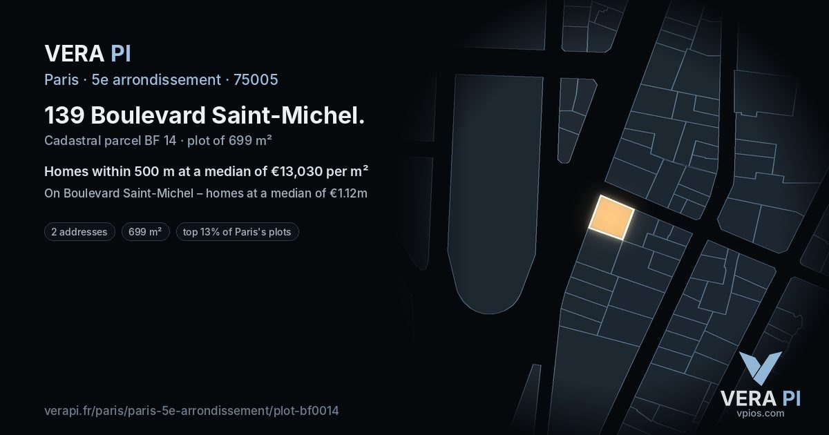 139 Boulevard Saint-Michel, 5e arrondissement at night – the plot lit, the parcels around coloured by the prices near them