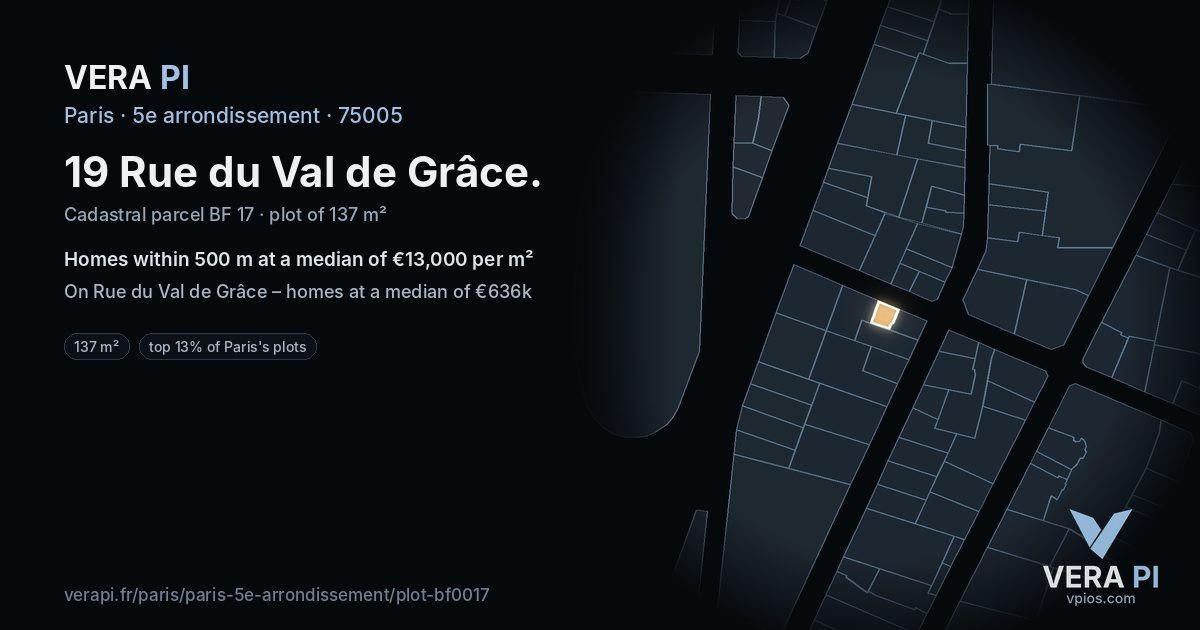 19 Rue du Val de Grâce, 5e arrondissement at night – the plot lit, the parcels around coloured by the prices near them