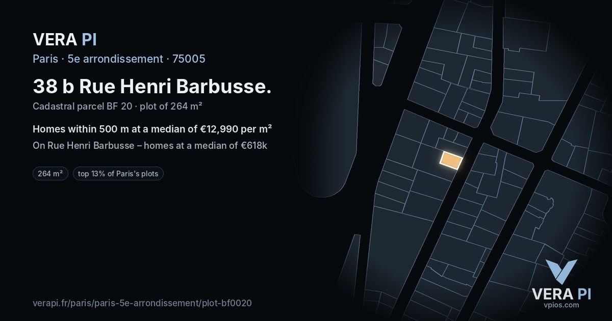 38 b Rue Henri Barbusse, 5e arrondissement at night – the plot lit, the parcels around coloured by the prices near them