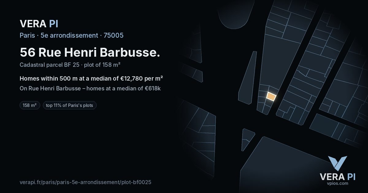 56 Rue Henri Barbusse, 5e arrondissement at night – the plot lit, the parcels around coloured by the prices near them