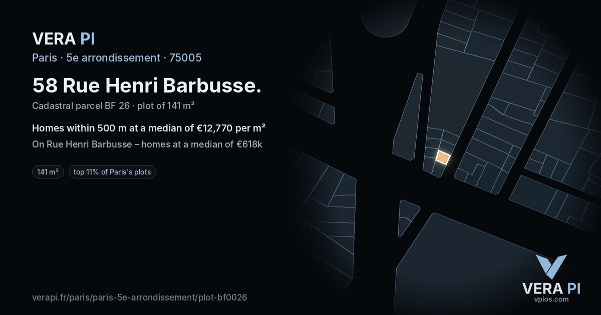 58 Rue Henri Barbusse, 5e arrondissement at night – the plot lit, the parcels around coloured by the prices near them