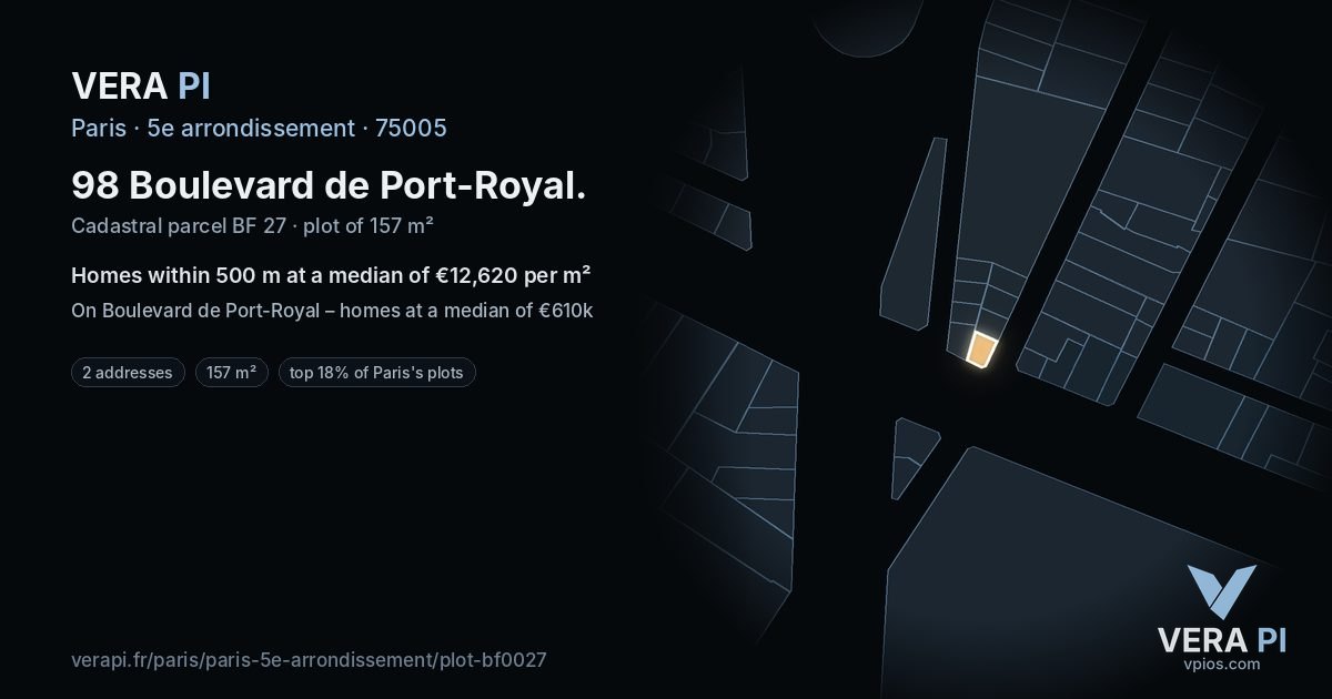 98 Boulevard de Port-Royal, 5e arrondissement at night – the plot lit, the parcels around coloured by the prices near them