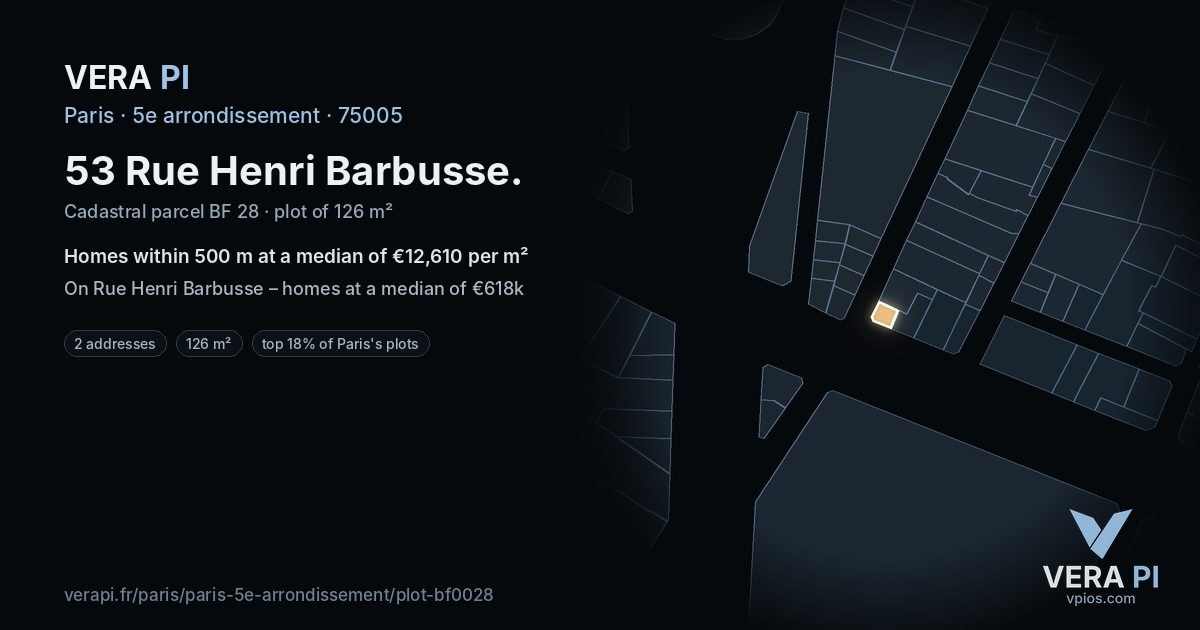 53 Rue Henri Barbusse, 5e arrondissement at night – the plot lit, the parcels around coloured by the prices near them