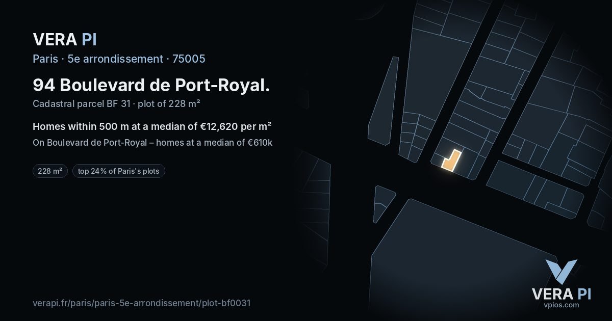 94 Boulevard de Port-Royal, 5e arrondissement at night – the plot lit, the parcels around coloured by the prices near them