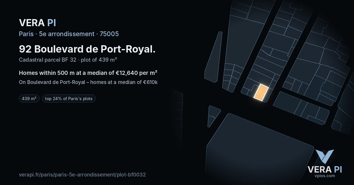 92 Boulevard de Port-Royal, 5e arrondissement at night – the plot lit, the parcels around coloured by the prices near them