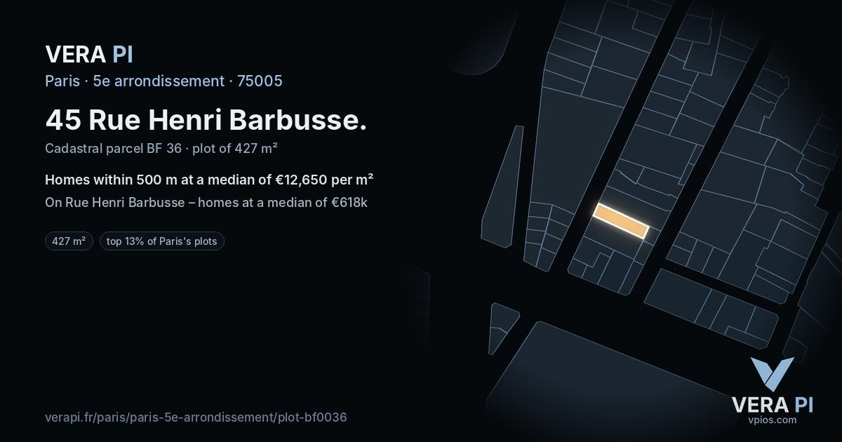 45 Rue Henri Barbusse, 5e arrondissement at night – the plot lit, the parcels around coloured by the prices near them