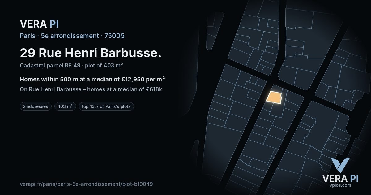 29 Rue Henri Barbusse, 5e arrondissement at night – the plot lit, the parcels around coloured by the prices near them