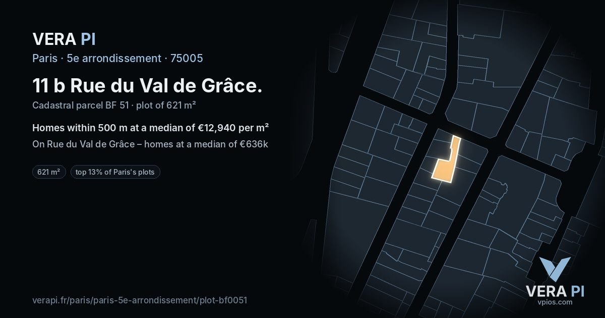 11 b Rue du Val de Grâce, 5e arrondissement at night – the plot lit, the parcels around coloured by the prices near them