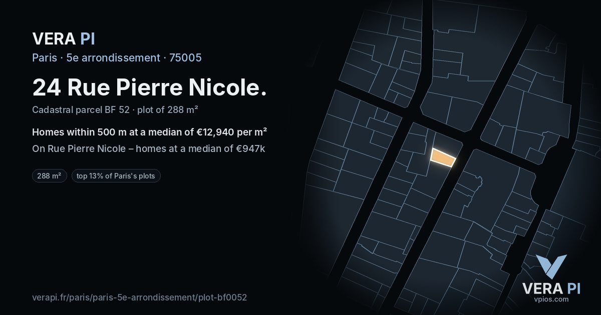 24 Rue Pierre Nicole, 5e arrondissement at night – the plot lit, the parcels around coloured by the prices near them