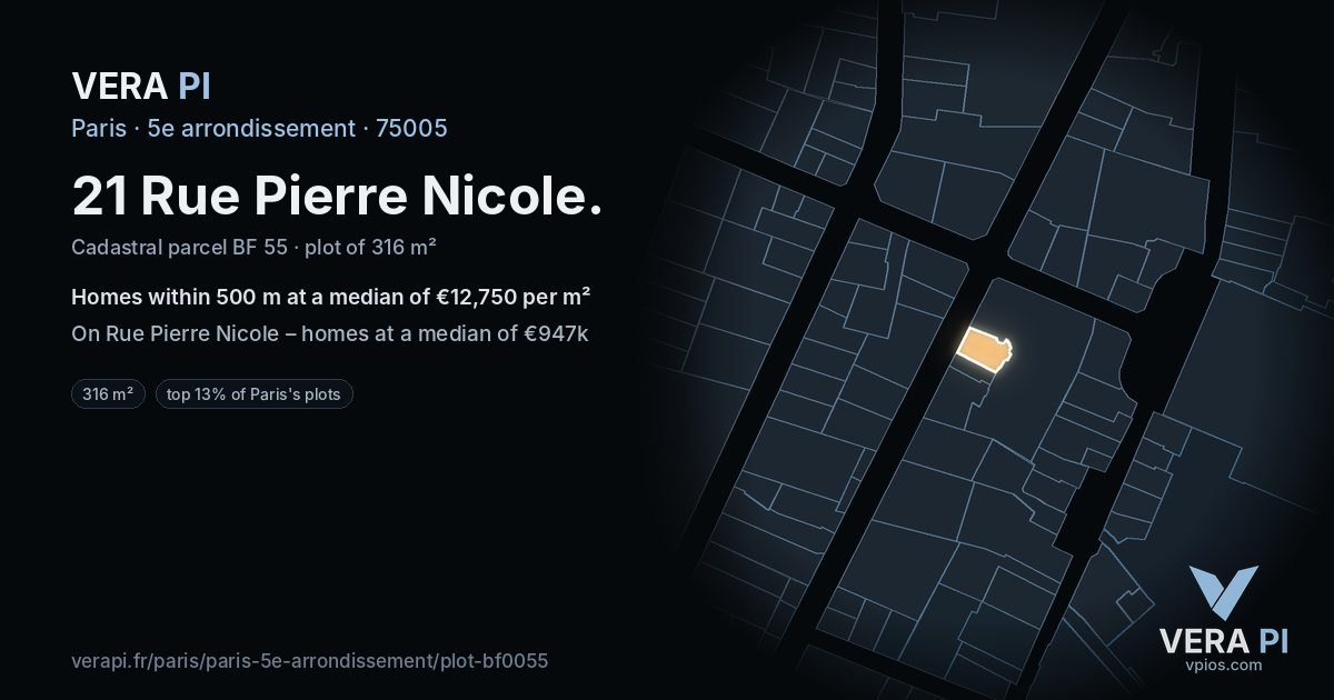 21 Rue Pierre Nicole, 5e arrondissement at night – the plot lit, the parcels around coloured by the prices near them