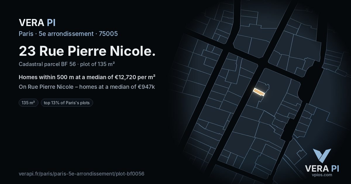 23 Rue Pierre Nicole, 5e arrondissement at night – the plot lit, the parcels around coloured by the prices near them
