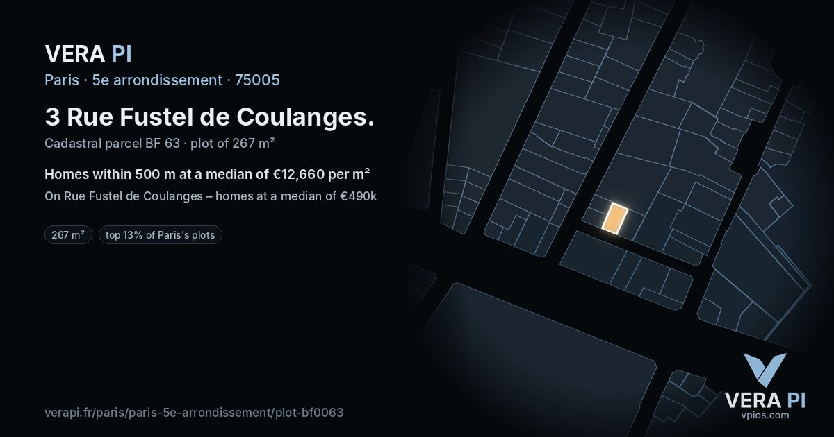 3 Rue Fustel de Coulanges, 5e arrondissement at night – the plot lit, the parcels around coloured by the prices near them