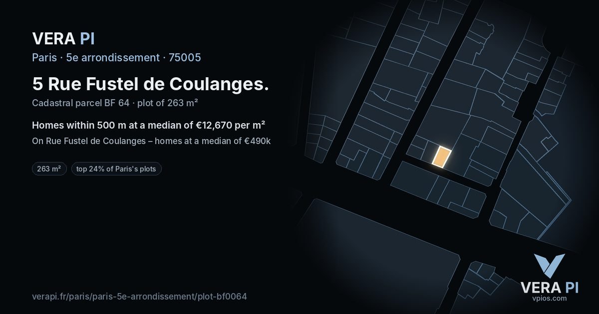 5 Rue Fustel de Coulanges, 5e arrondissement at night – the plot lit, the parcels around coloured by the prices near them