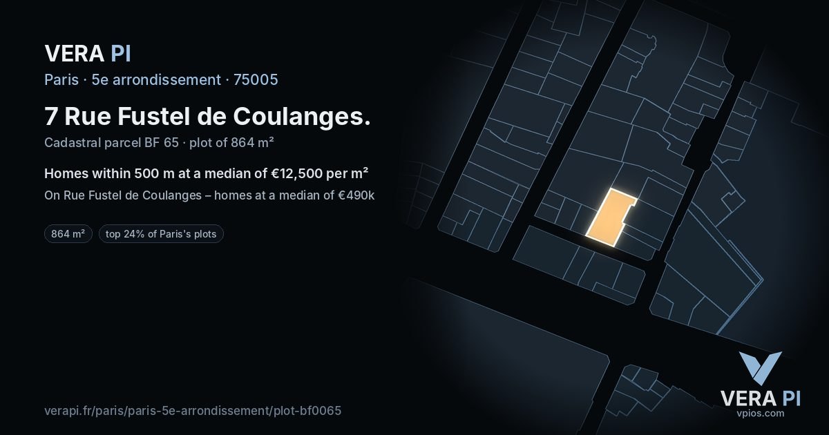 7 Rue Fustel de Coulanges, 5e arrondissement at night – the plot lit, the parcels around coloured by the prices near them