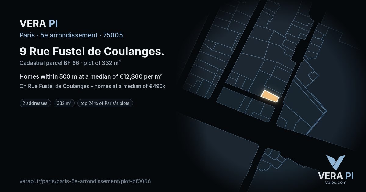 9 Rue Fustel de Coulanges, 5e arrondissement at night – the plot lit, the parcels around coloured by the prices near them