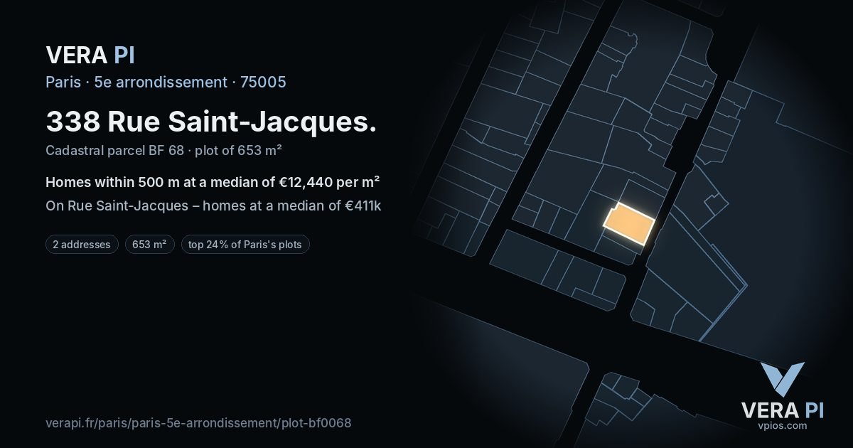 338 Rue Saint-Jacques, 5e arrondissement at night – the plot lit, the parcels around coloured by the prices near them