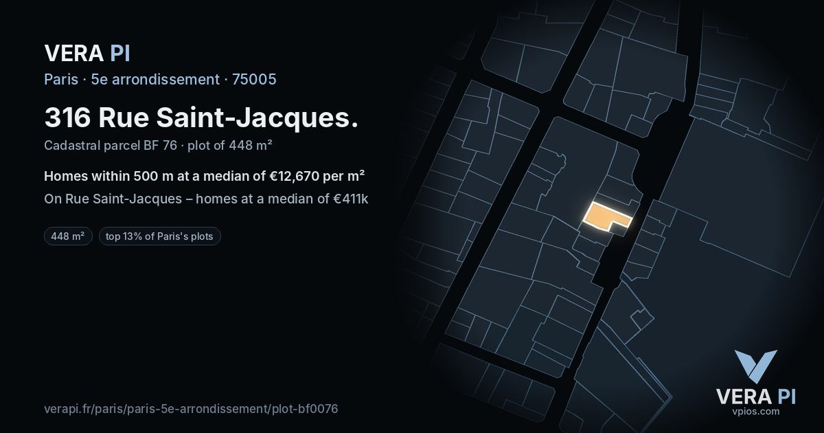 316 Rue Saint-Jacques, 5e arrondissement at night – the plot lit, the parcels around coloured by the prices near them