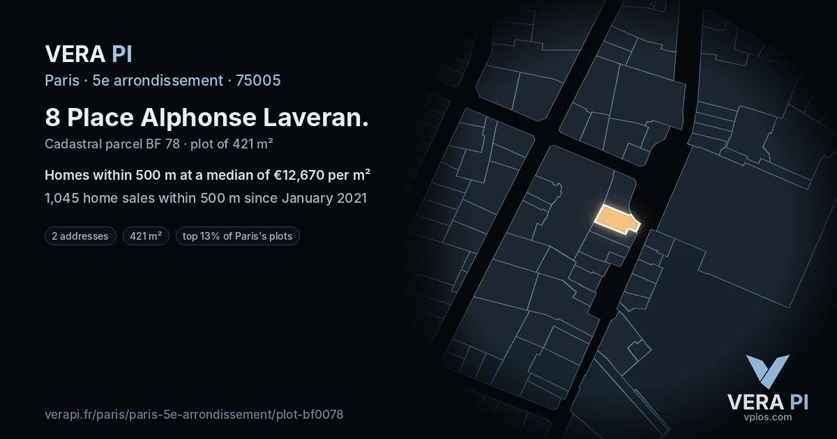 8 Place Alphonse Laveran, 5e arrondissement at night – the plot lit, the parcels around coloured by the prices near them
