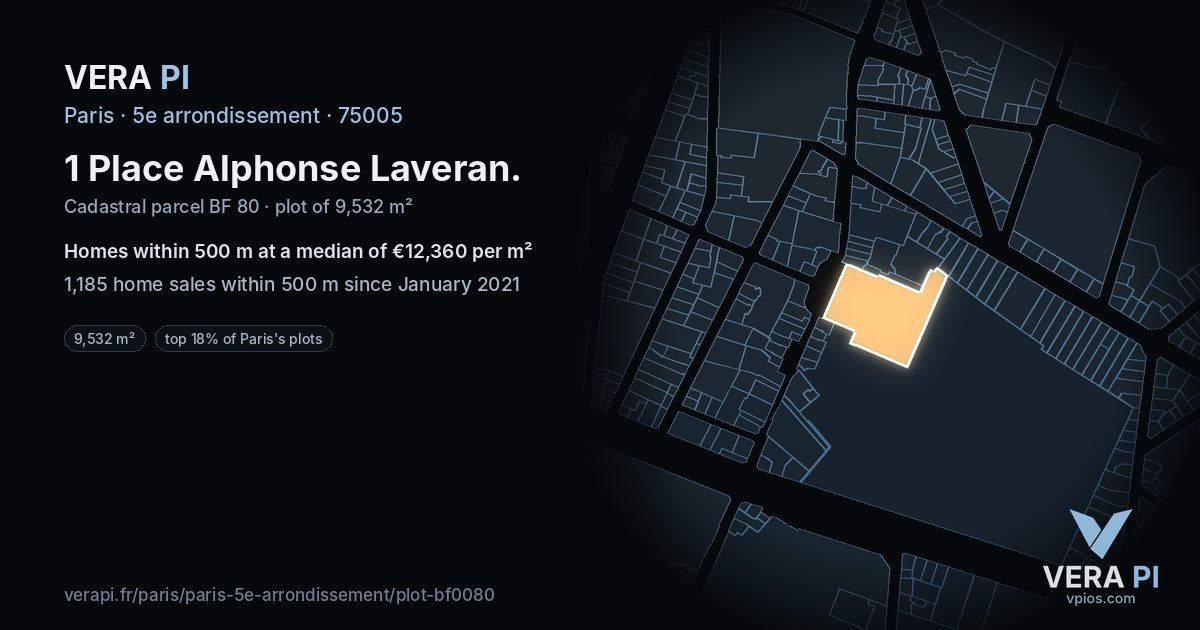 1 Place Alphonse Laveran, 5e arrondissement at night – the plot lit, the parcels around coloured by the prices near them